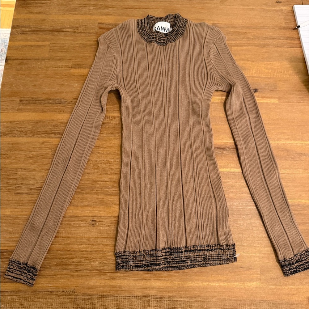 Ganni Tan Ribbed Knit Top